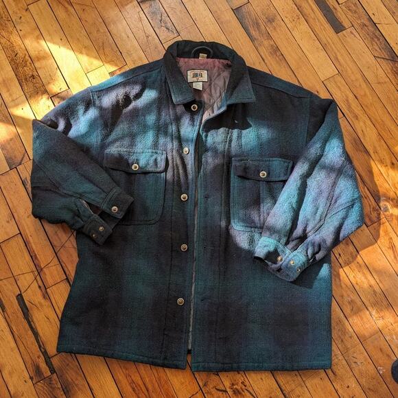 90s Vintage Green Plaid Wool Coat Utility Chore Jacket Oversize Flannel Large - Picture 7 of 9